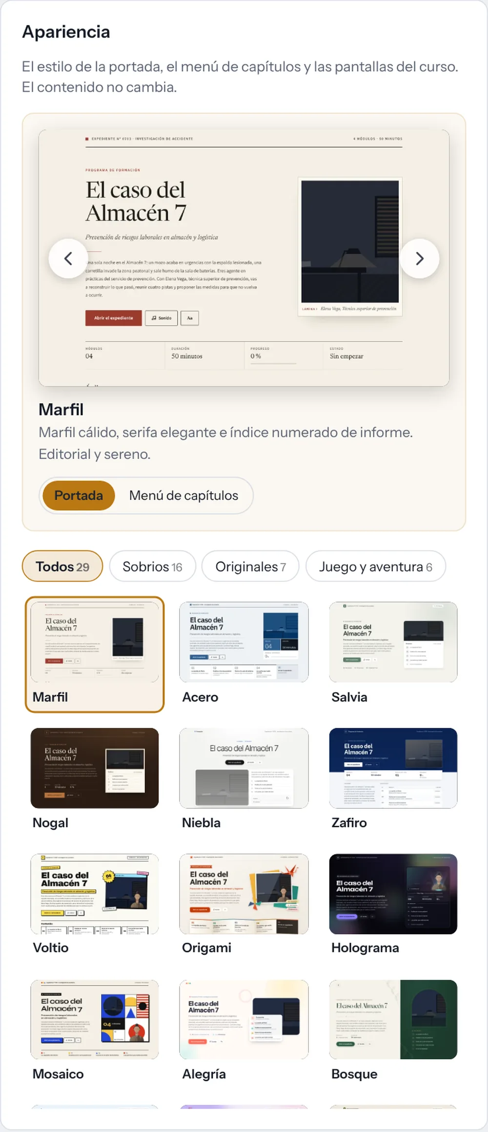 Diseño › Apariencia: la vista grande del estilo elegido, los filtros y las miniaturas de todos los estilos.
