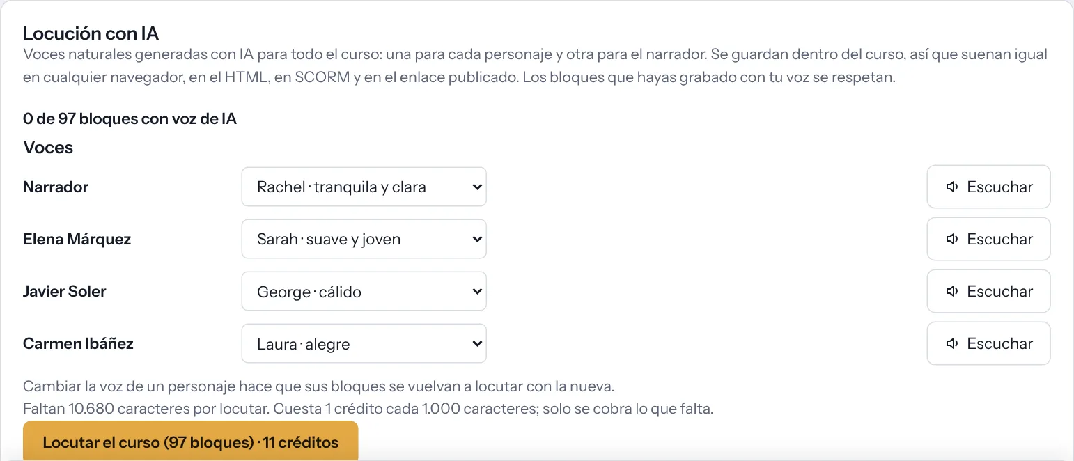 Contenido › Locuciones: una voz por personaje, con su muestra, y el precio de lo que falta.