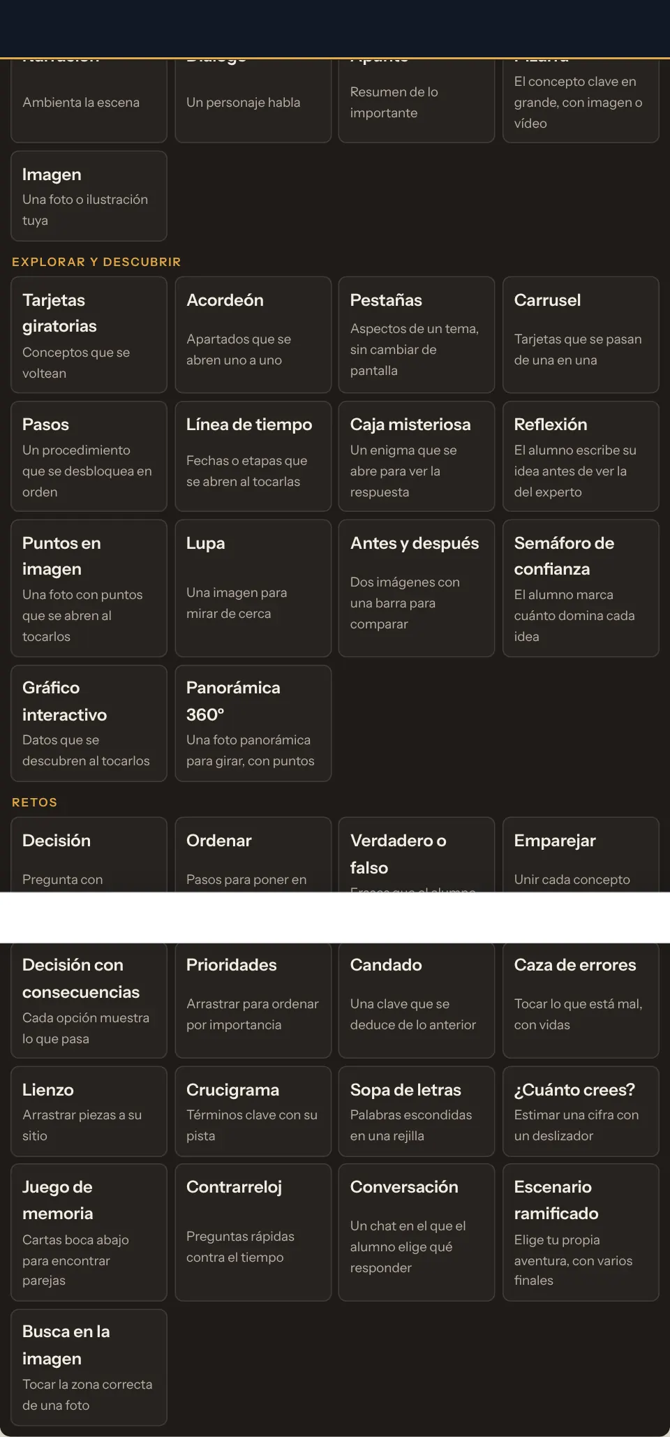 Al pulsar + entre dos bloques se abre la paleta con todos los tipos, por grupos.